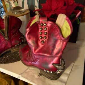Red Pink/Yellow Interior, skull & embellished, silver toe tip, distressed boot